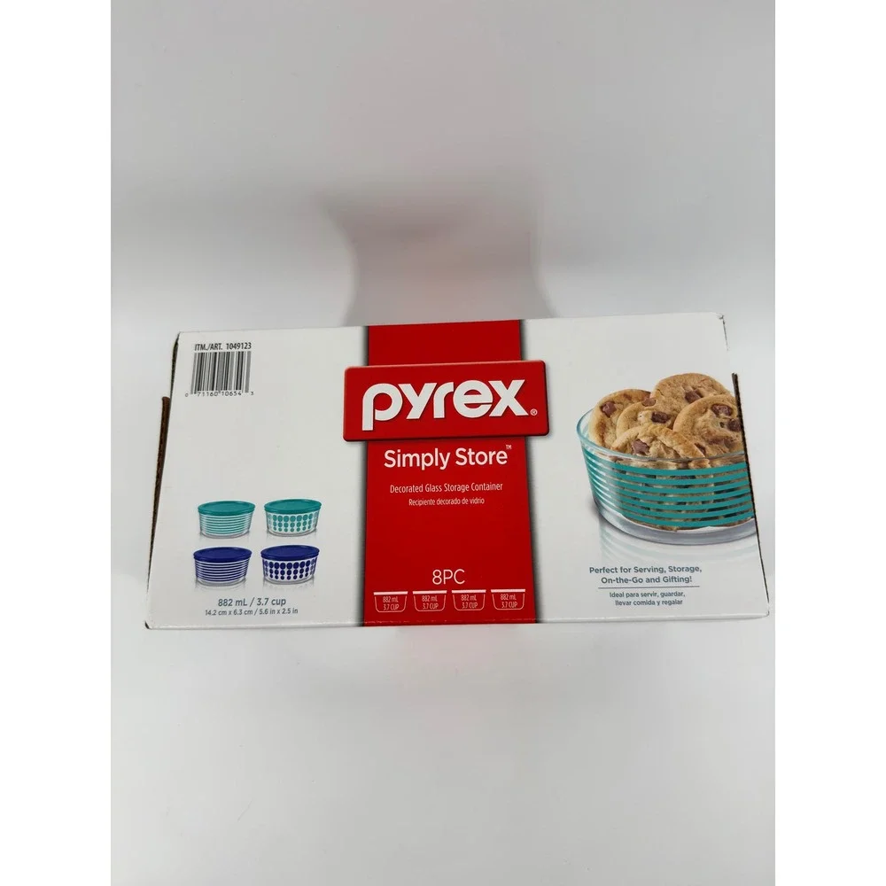 Pyrex Simply Store 8PC Decorated Glass Food Storage Set Blue Teal Dots Stripes
